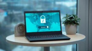 C-clerc Nos ressources Ordinateur portable affichant un cadenas et un badge Secured : protection des données et secret professionnel face à l'IA pour les notaires