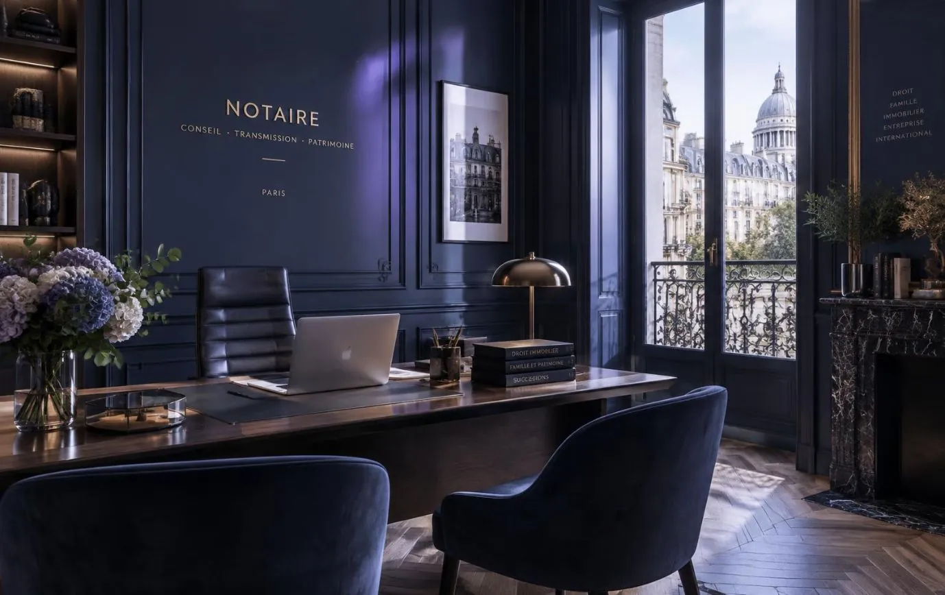 Bureau d’une étude notariale avec vue sur Paris
